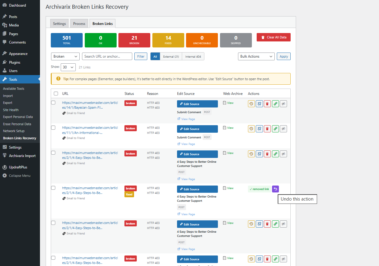 Broken links list with status filters, action buttons, Web Archive lookup, and undo support