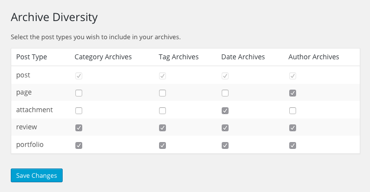 Archive Diversity settings page