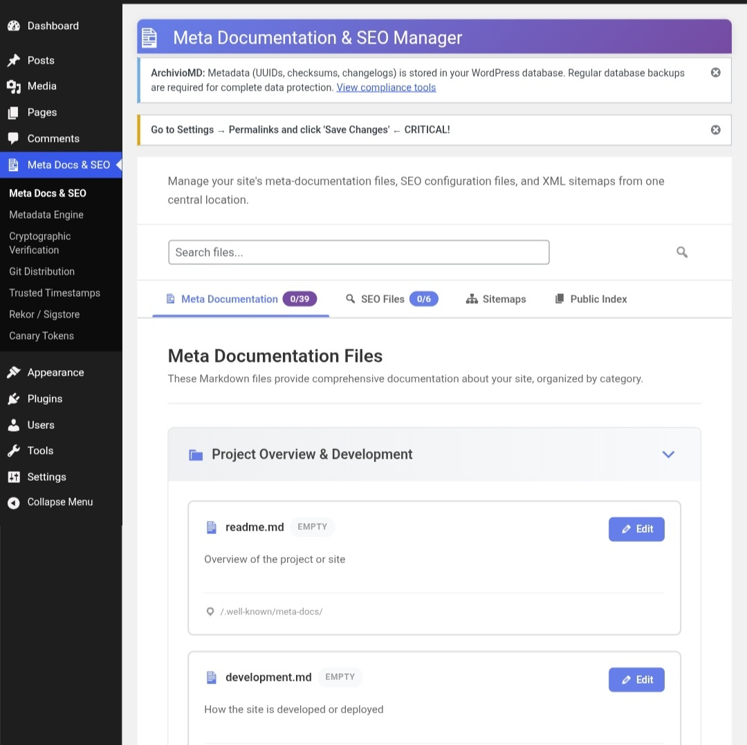 Meta Documentation & SEO Manager — central file manager for meta-documentation Markdown files, SEO configuration files, and XML sitemaps.