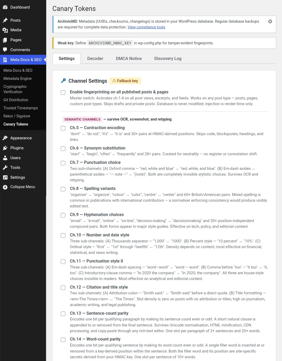 Canary Tokens — semantic steganography channel settings, showing the full list of available fingerprinting channels (contraction encoding, synonym substitution, spelling variants, and more).