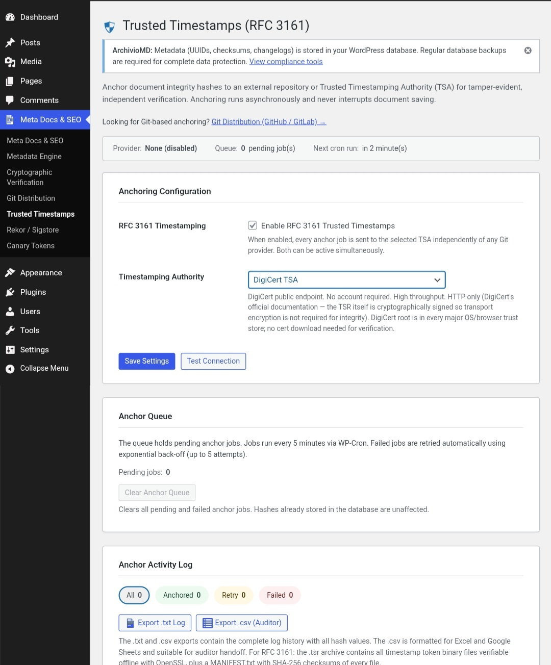 Trusted Timestamps (RFC 3161) — anchoring configuration panel with TSA provider selection, anchor queue status, and activity log with export options.