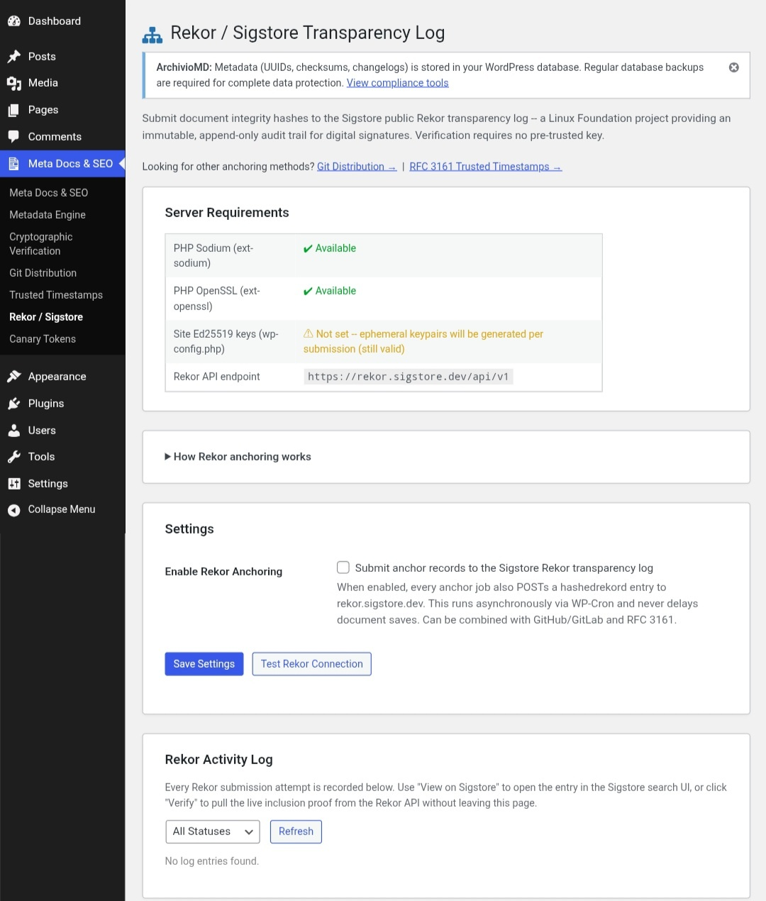 Rekor / Sigstore Transparency Log — server requirements check, Rekor anchoring settings, and activity log for submissions to the Sigstore public transparency log.