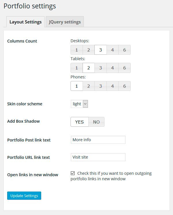 Portfolio settings page (back-end)