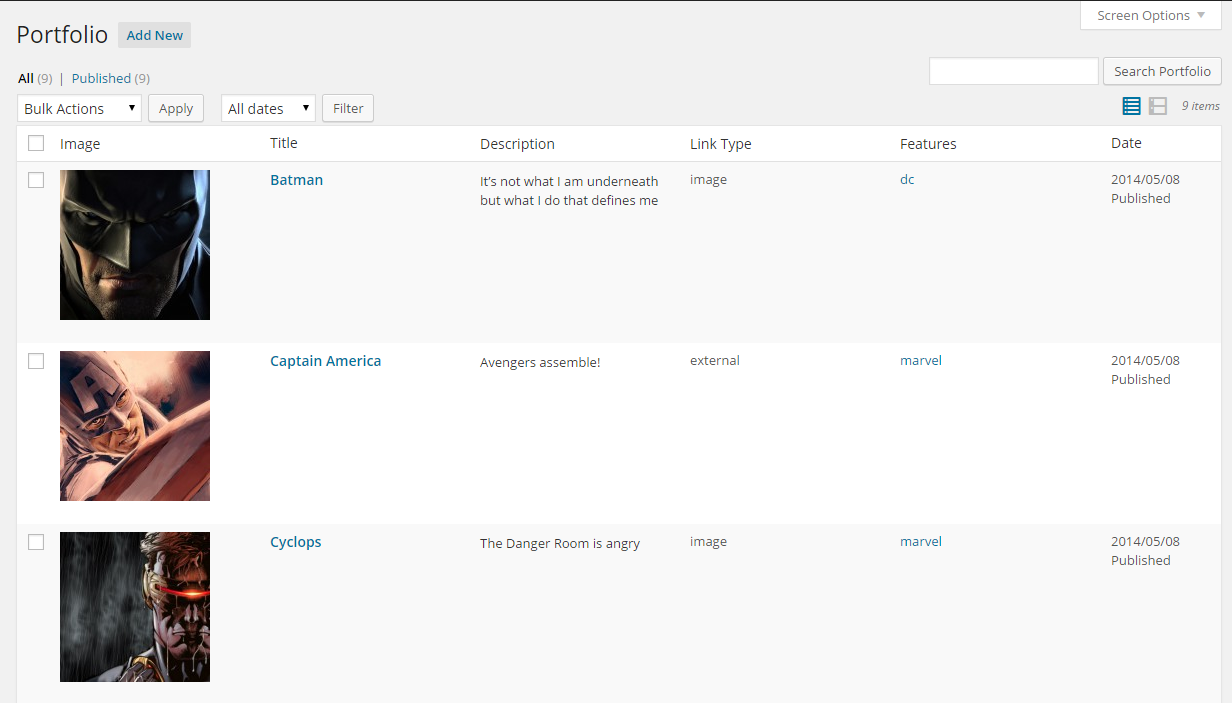Portfolio list in the admin