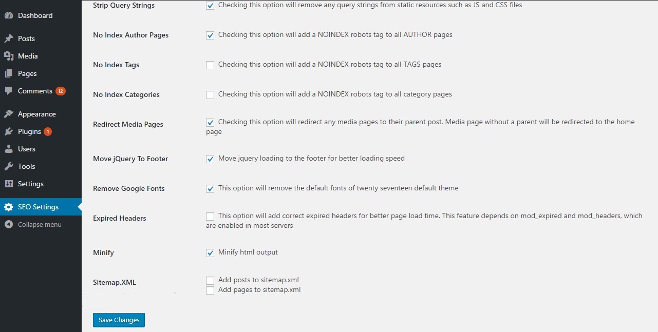 The settings page of ARENA SEO plugin.