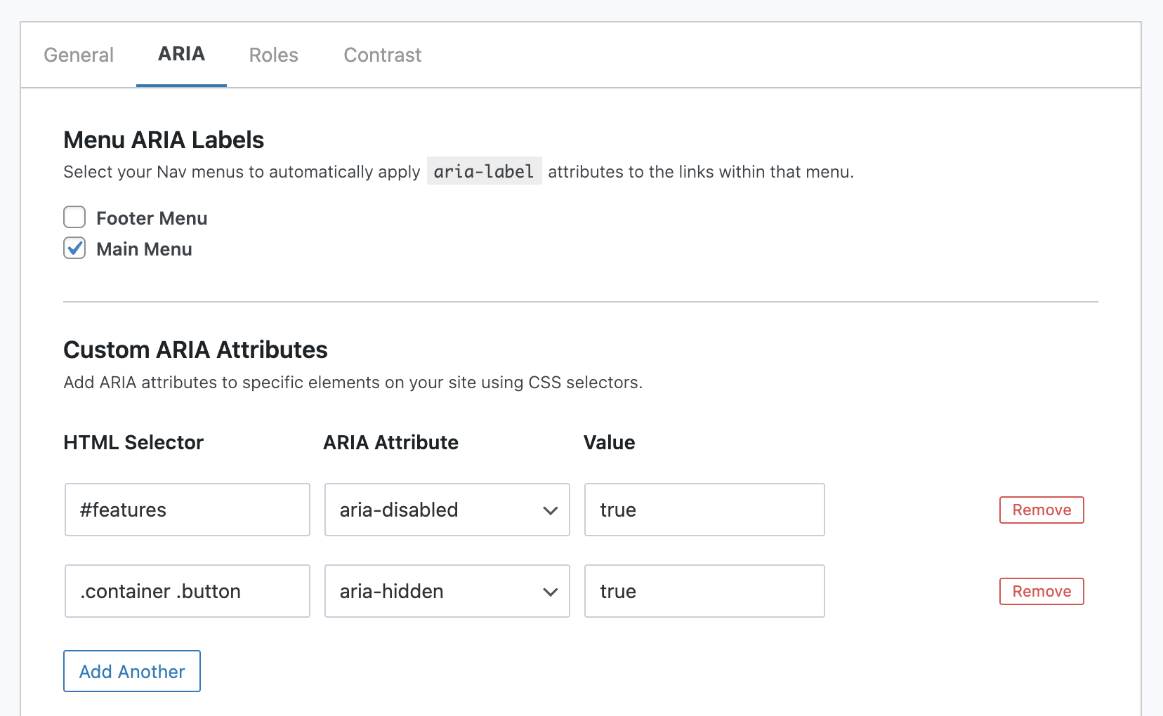 The ARIA attributes section - configure ARIA attributes options