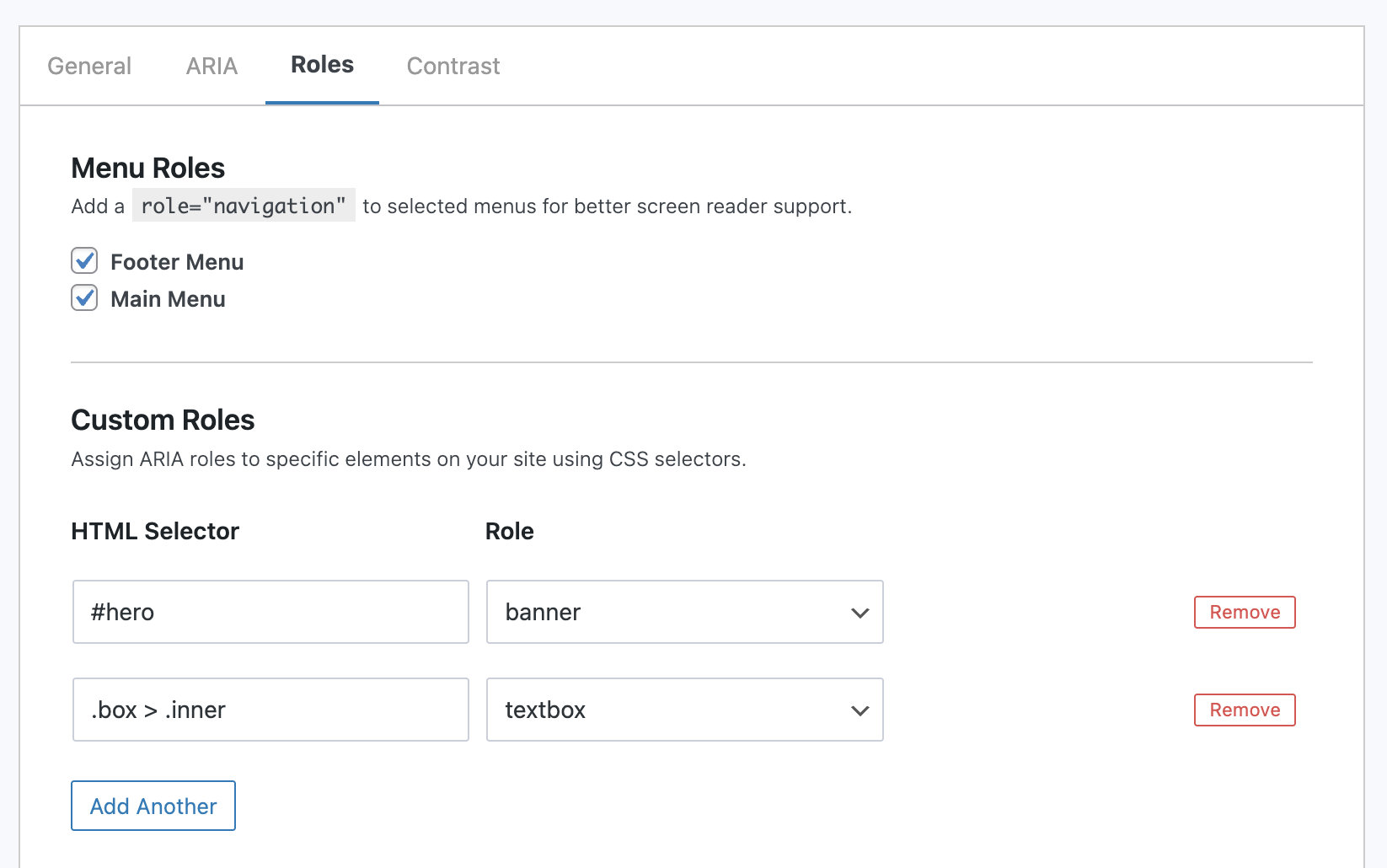 The Roles section - configure landmark roles options