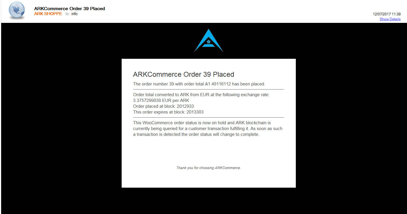 Administrator Dashboard includes ARKCommerce Status and Manual Transaction Check widgets.