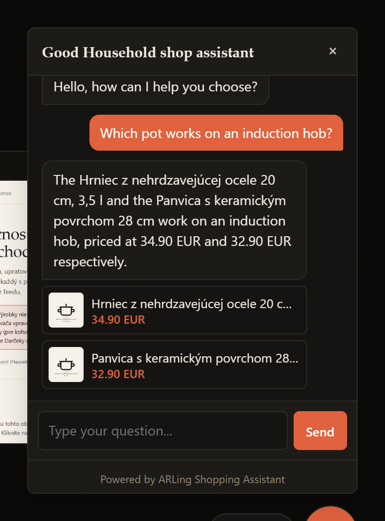 The chat widget answering an English question with two product suggestions, each with a real price, taken from our demo shop's own product feed.