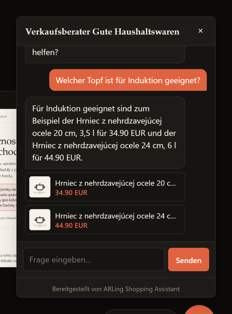 The same widget answering a German question. The interface language follows the Language setting on the plugin's settings screen.