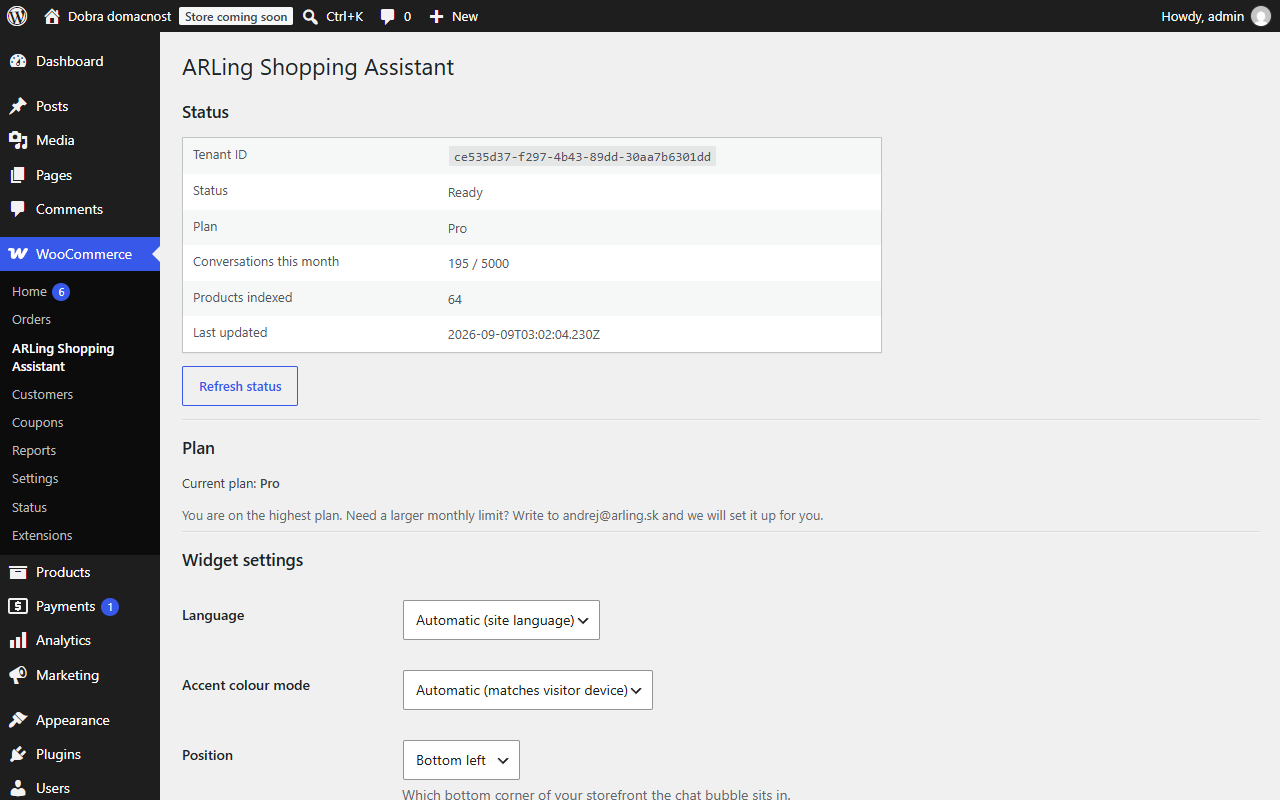 The settings screen once the store is connected: status, plan, conversations used this month, products indexed, and the widget settings below.