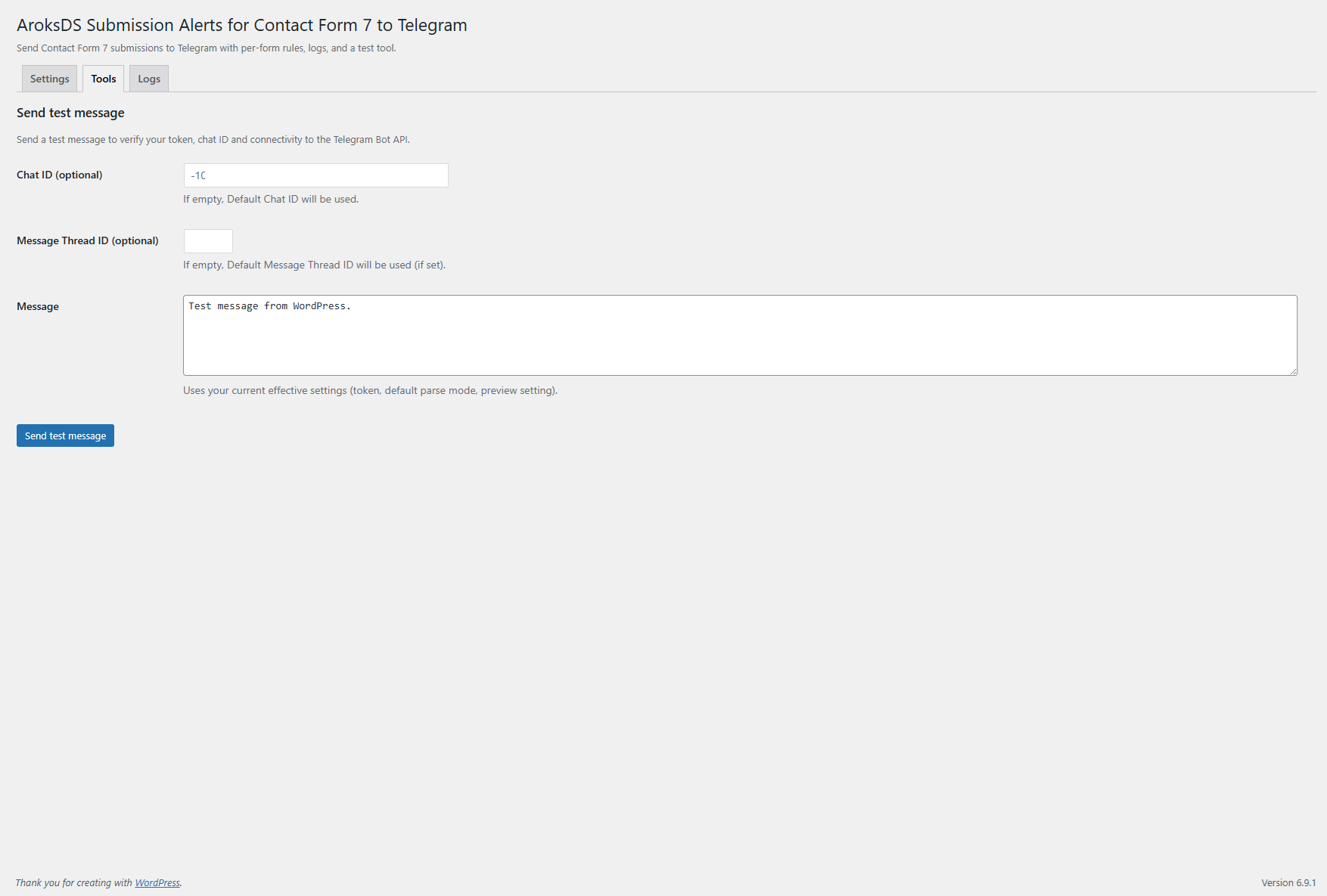 Tools tab (send a test message).