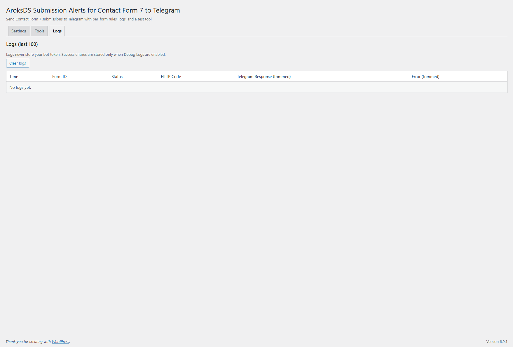 Logs tab (last 100 entries and clear logs).