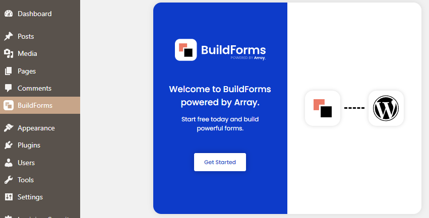 Access your BuildArray admin via the BuildForms link within your WordPress Dashboard side menu