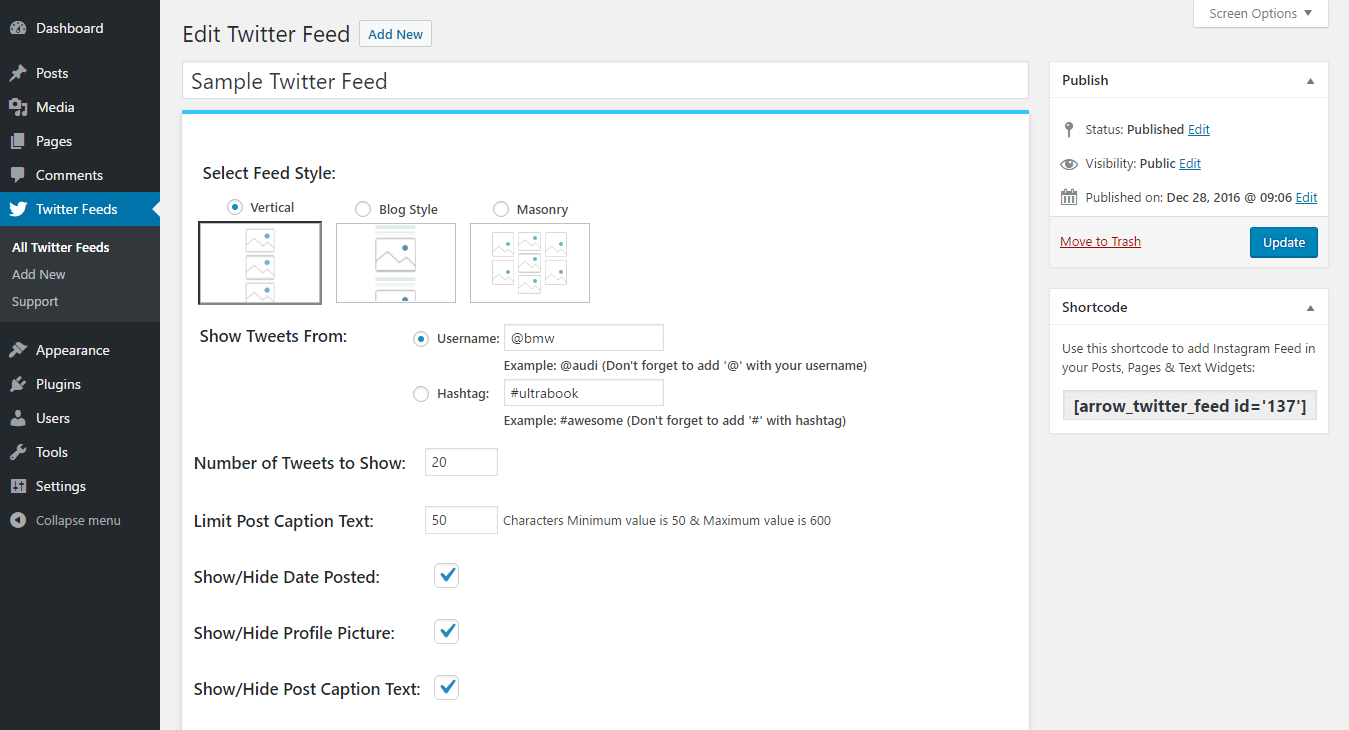 Twitter Feed Settings