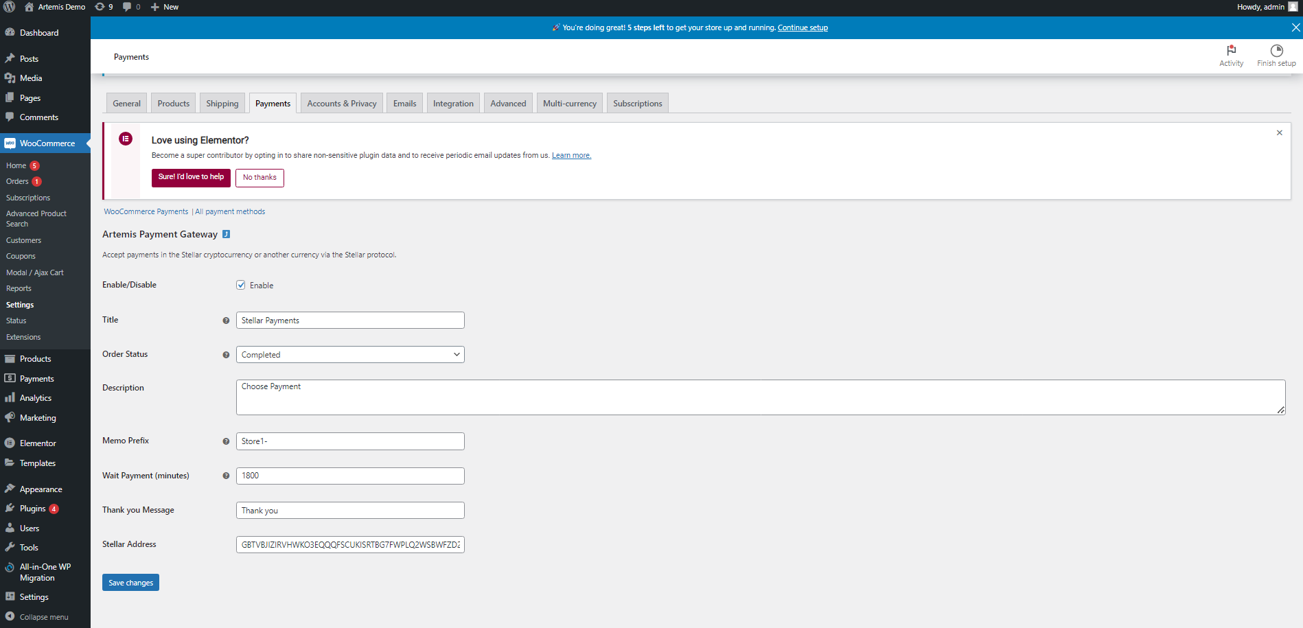 WooCommerce/Settings/Payments/Artemis Payment Gateway/Manage