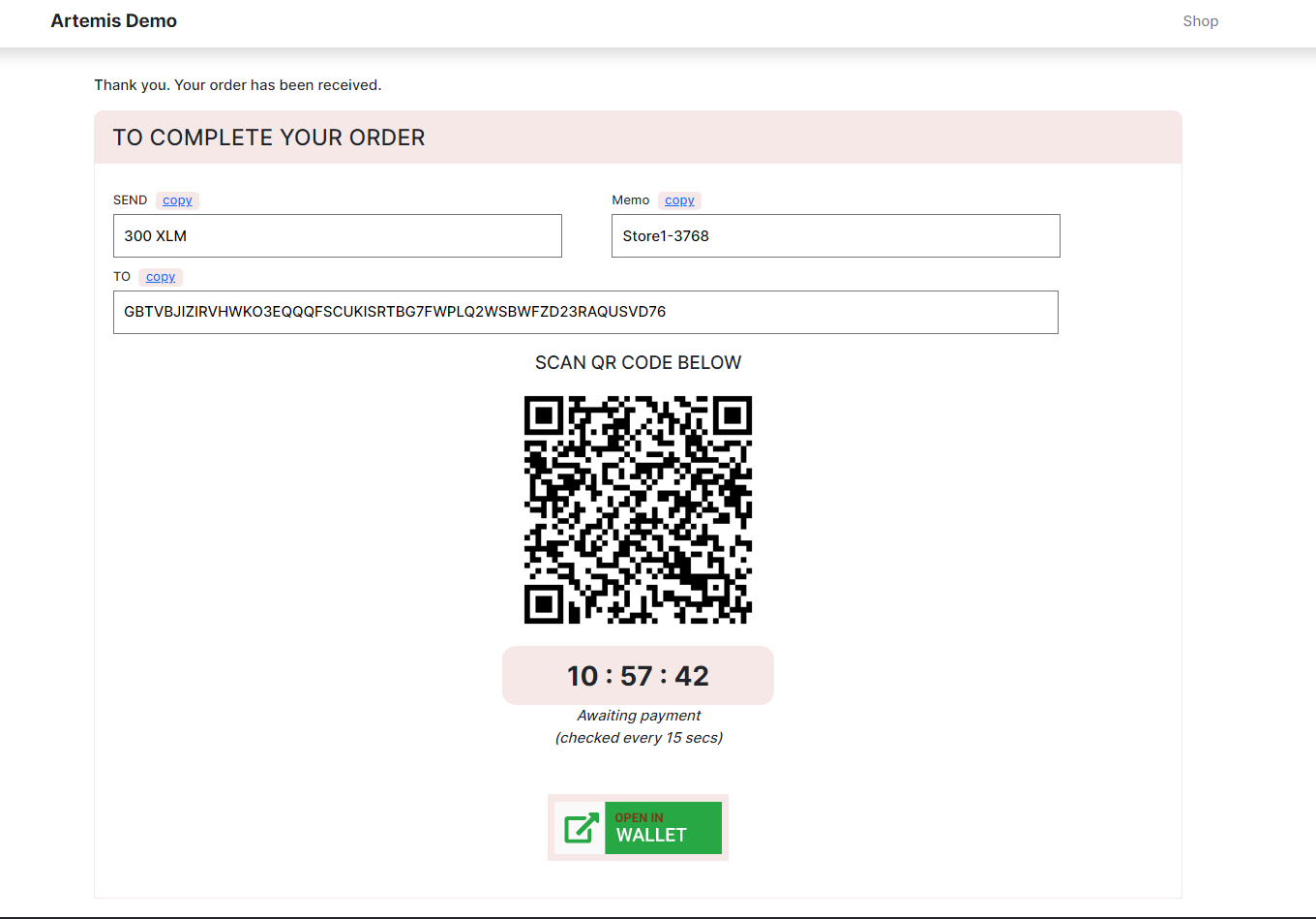ARTEMIS PAYMENT GATEWAY Check Out/Payment proccessing page
