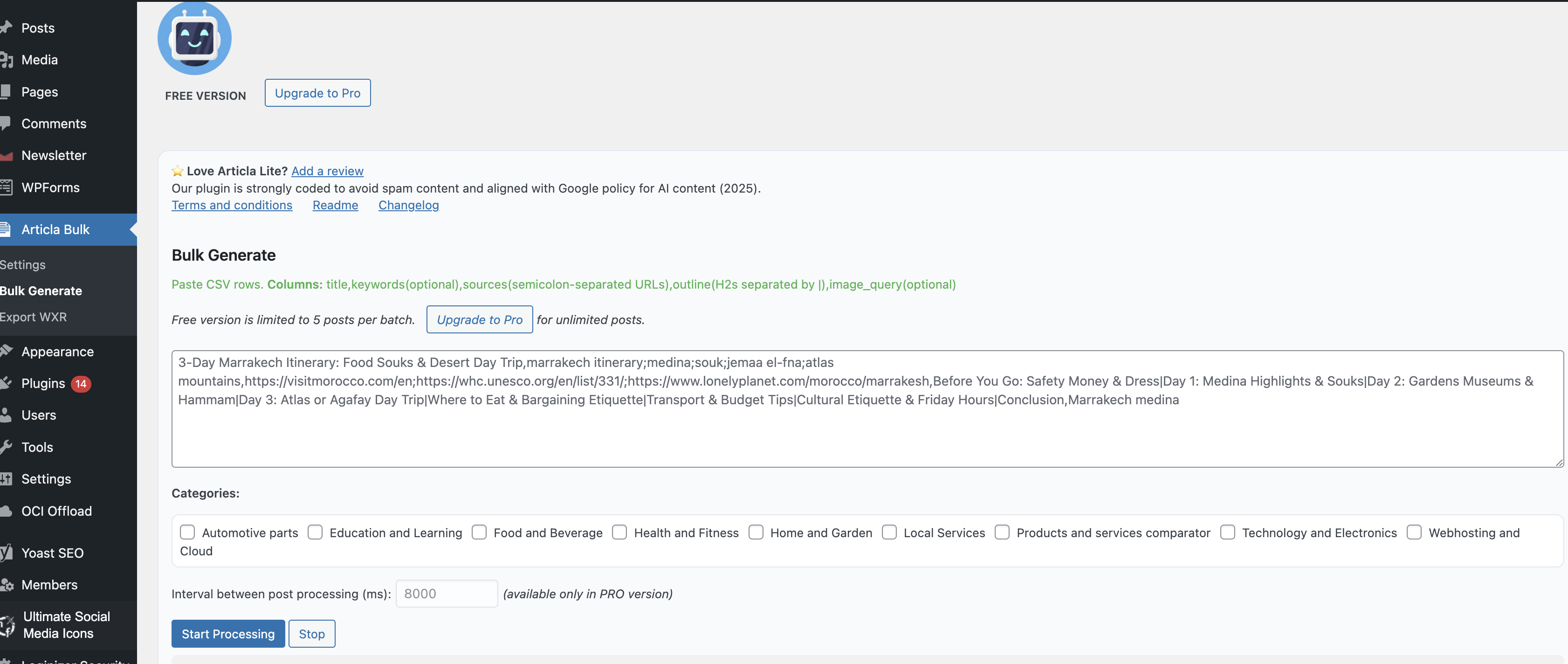 **Bulk Generate** — paste CSV, choose categories, run the batch with progress log.