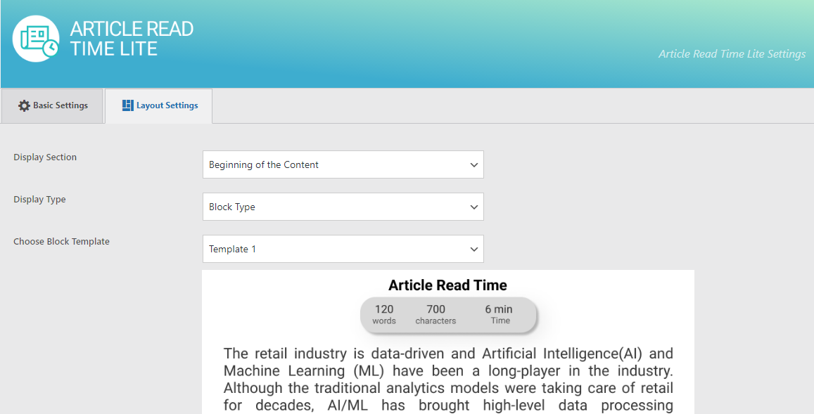 Article Read Time Backend Layout Settings