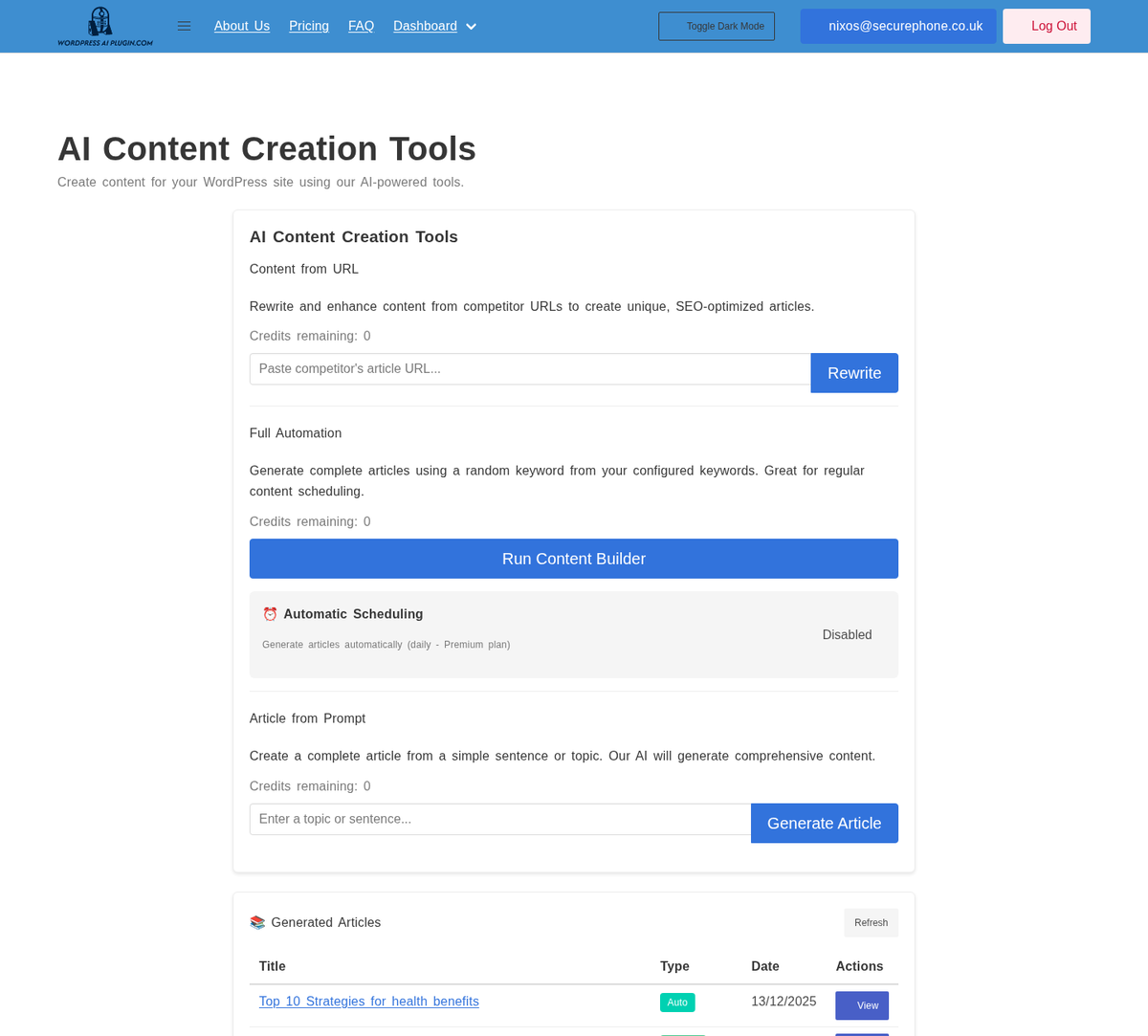 **Content Tools** - Generate articles from topics, rewrite from URLs, and run the content builder