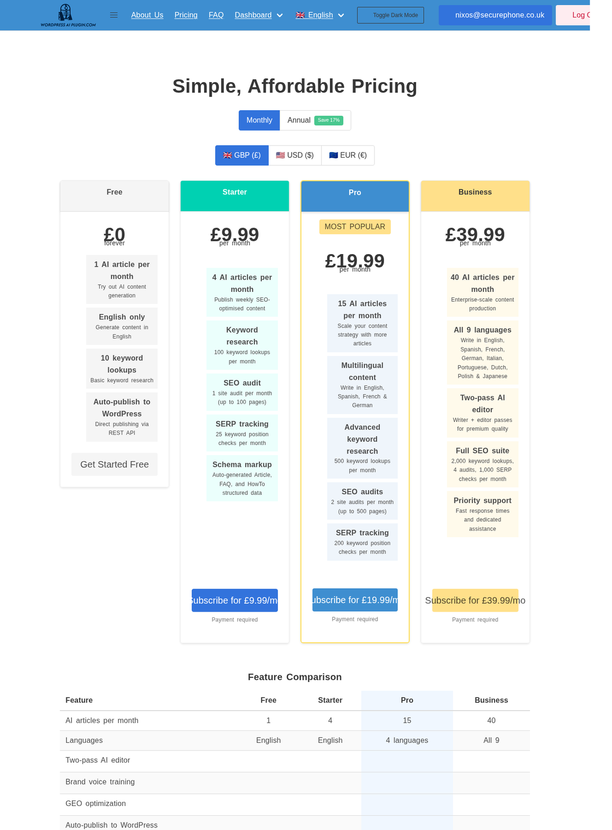 **Pricing Plans** - Starter, Pro, and Business plans with feature comparison across GBP, USD, and EUR