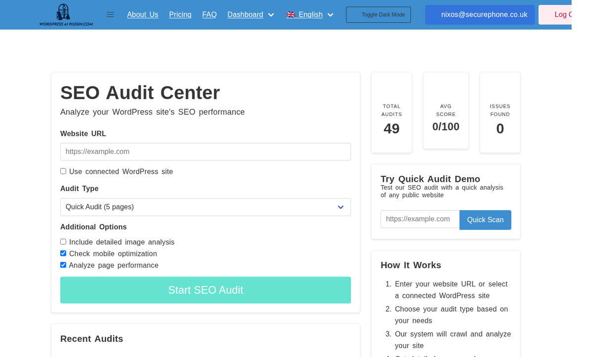 **SEO Audit** - Analyse your WordPress site's SEO performance with detailed audit reports