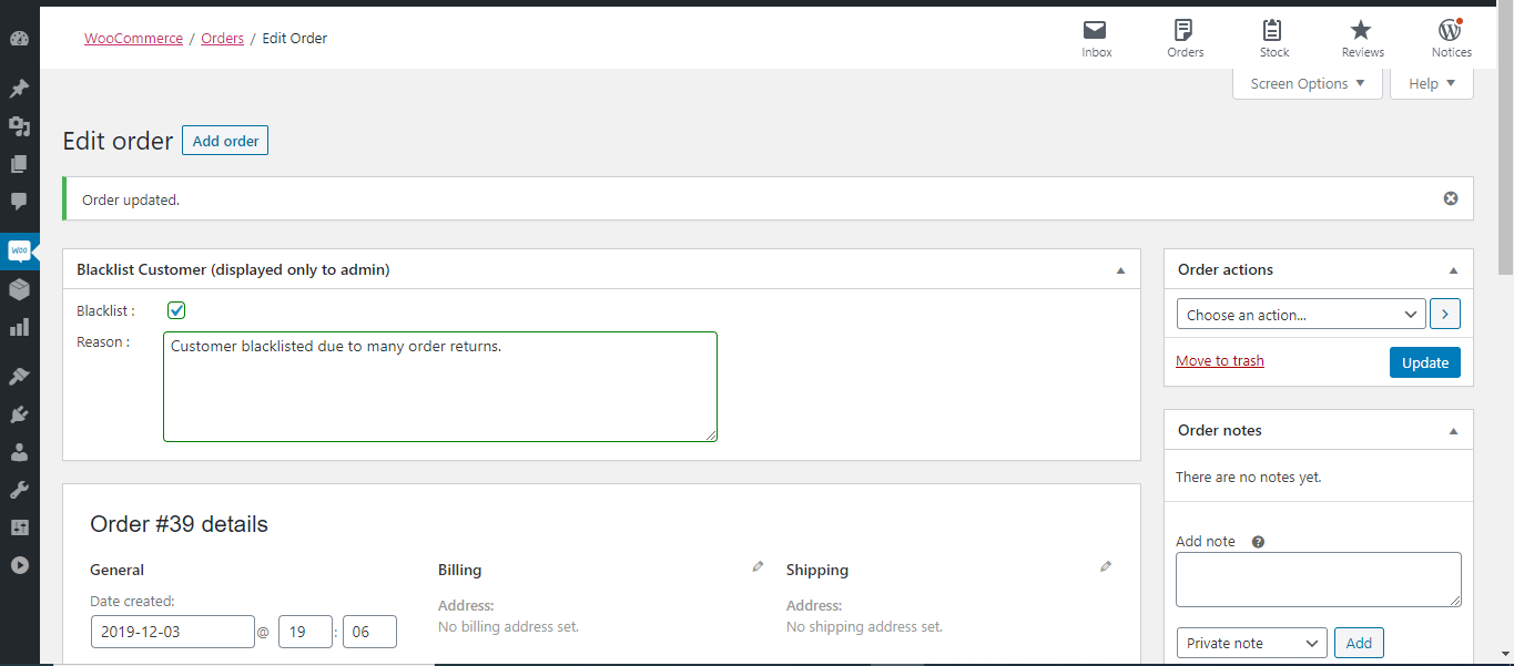 Edit order page to add blacklist reason