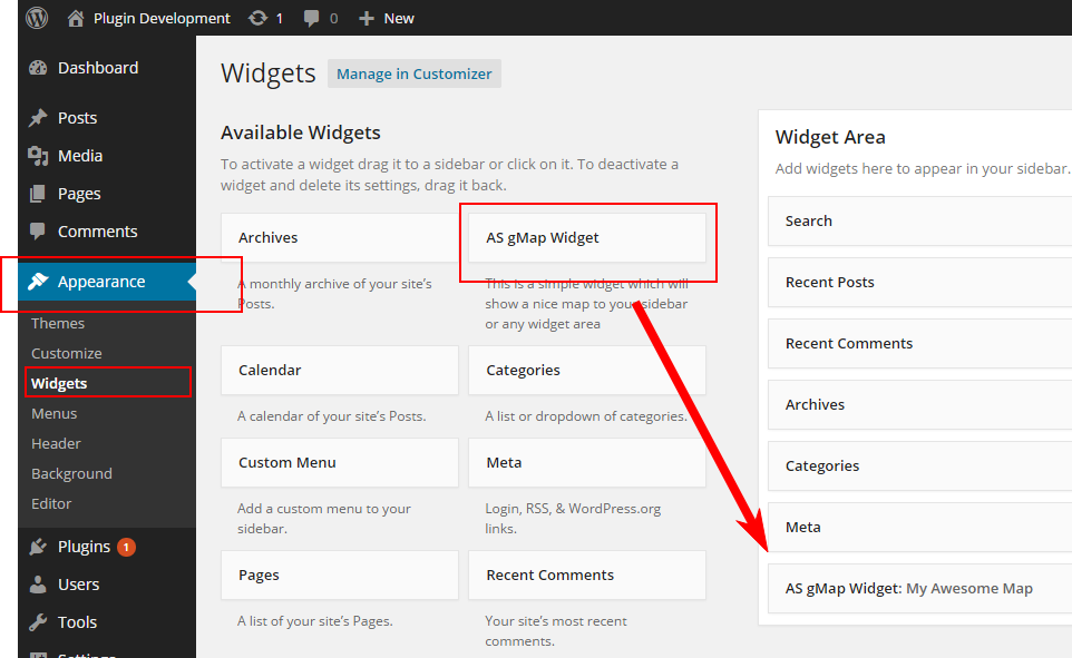 After installing Plugin you will get a widget which name is AS gMap Widget on your wordpress Admin panel. Put it any of your widget area with it’s configuration. You can see the screenshot below.