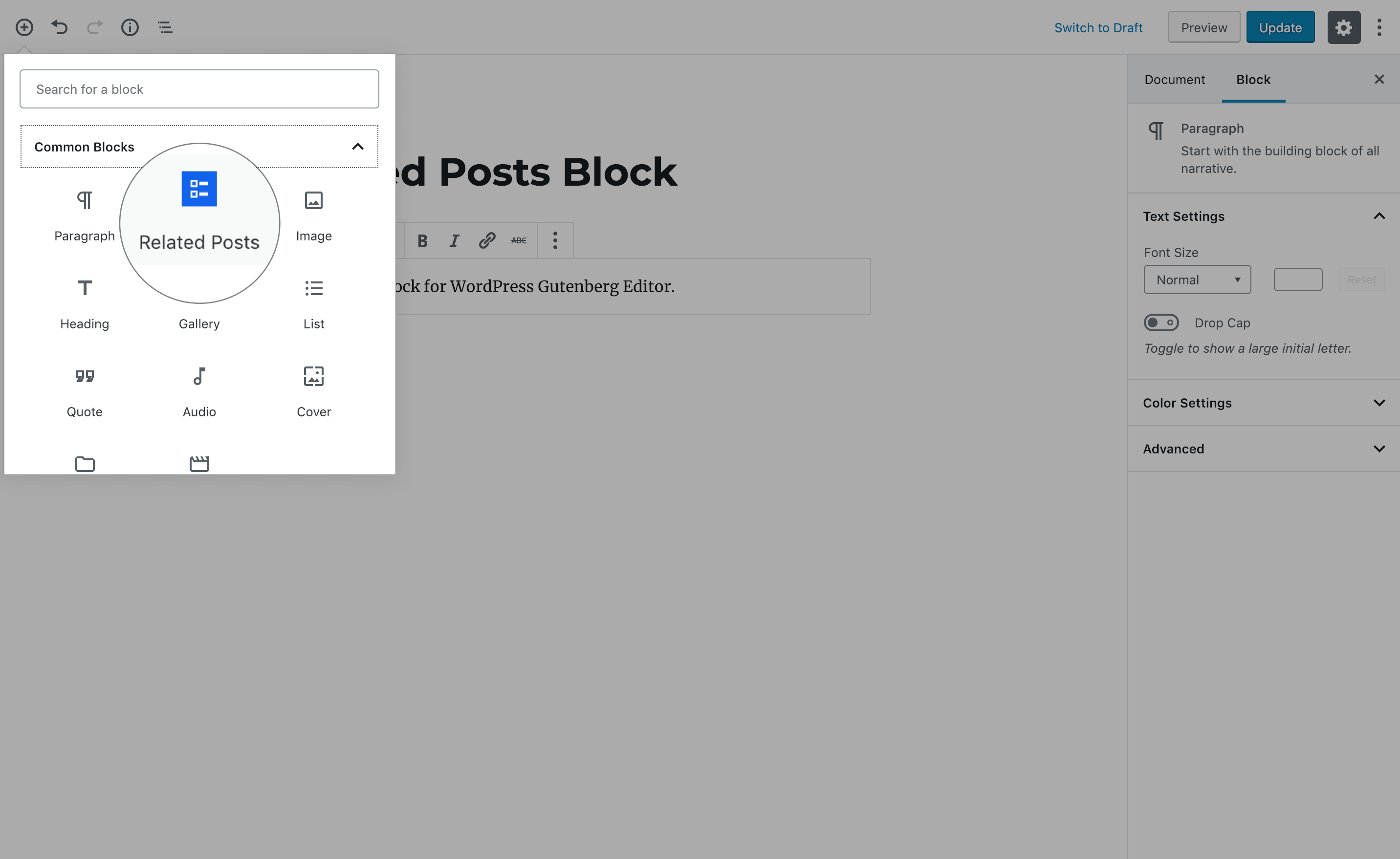 Add "Related Posts" Block from "Common Blocks".