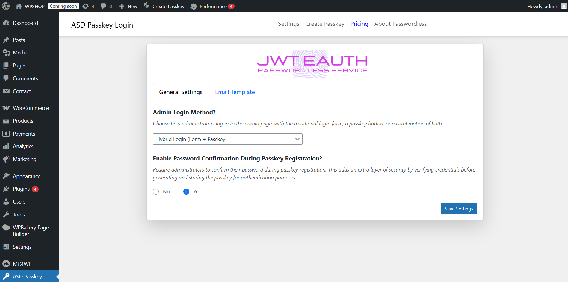 Register Passkey page in the WordPress admin panel.