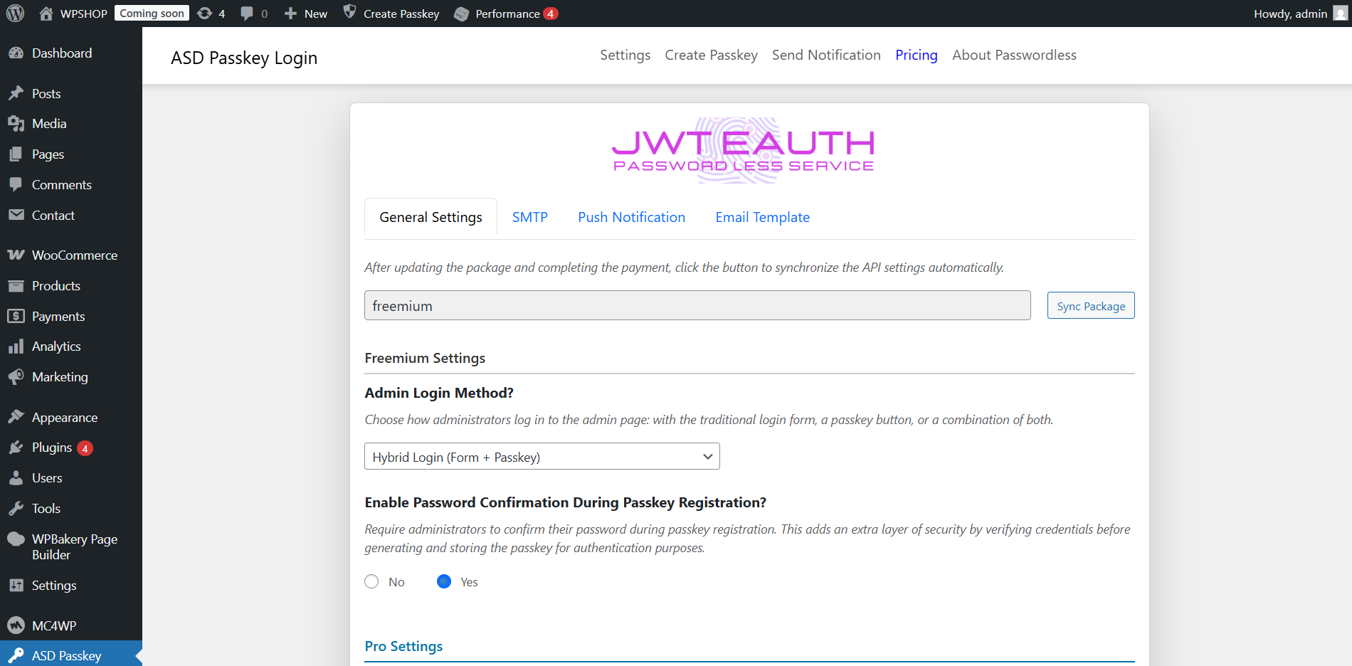 Pro plugin settings page in the WordPress admin panel.