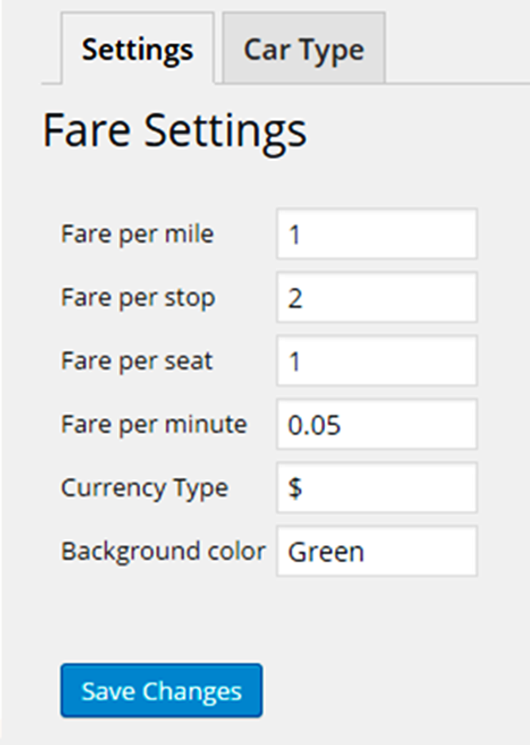 Fare, currency and background color can be added from this screen.