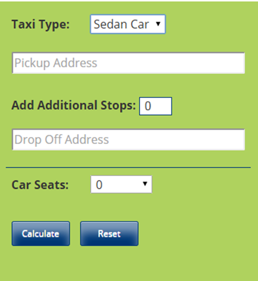 This is the asi-fare-calculator screen. Here the customers select taxi type, number of stop and seats to calculate fare for ride.