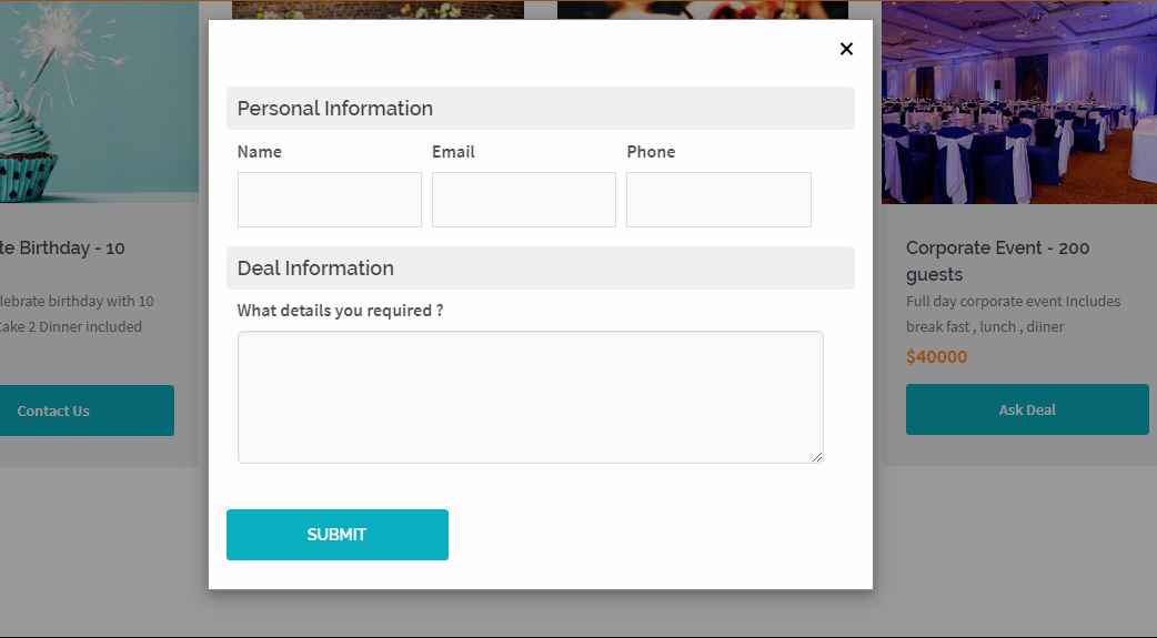 Popup form for the action button "Request Details" etc.