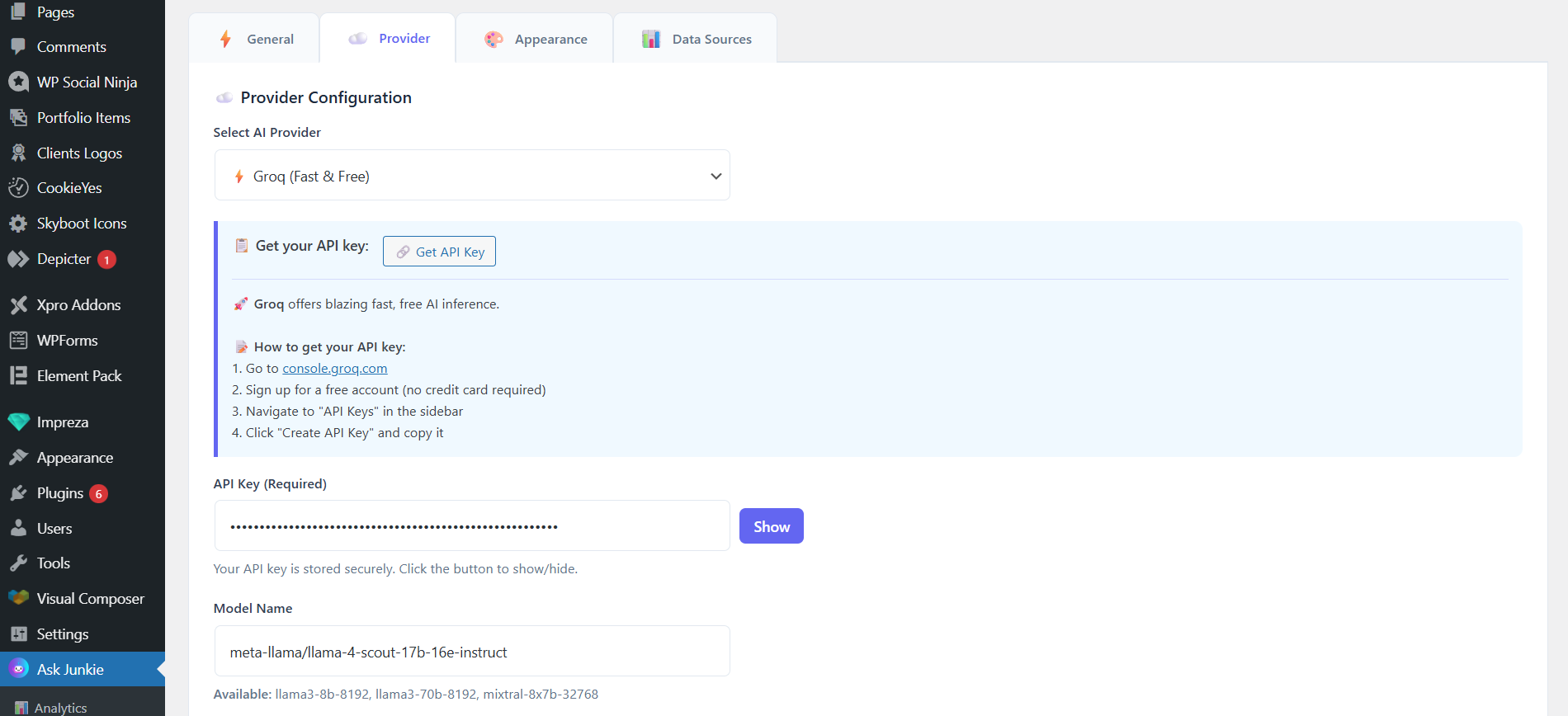 Settings page - AI Provider configuration