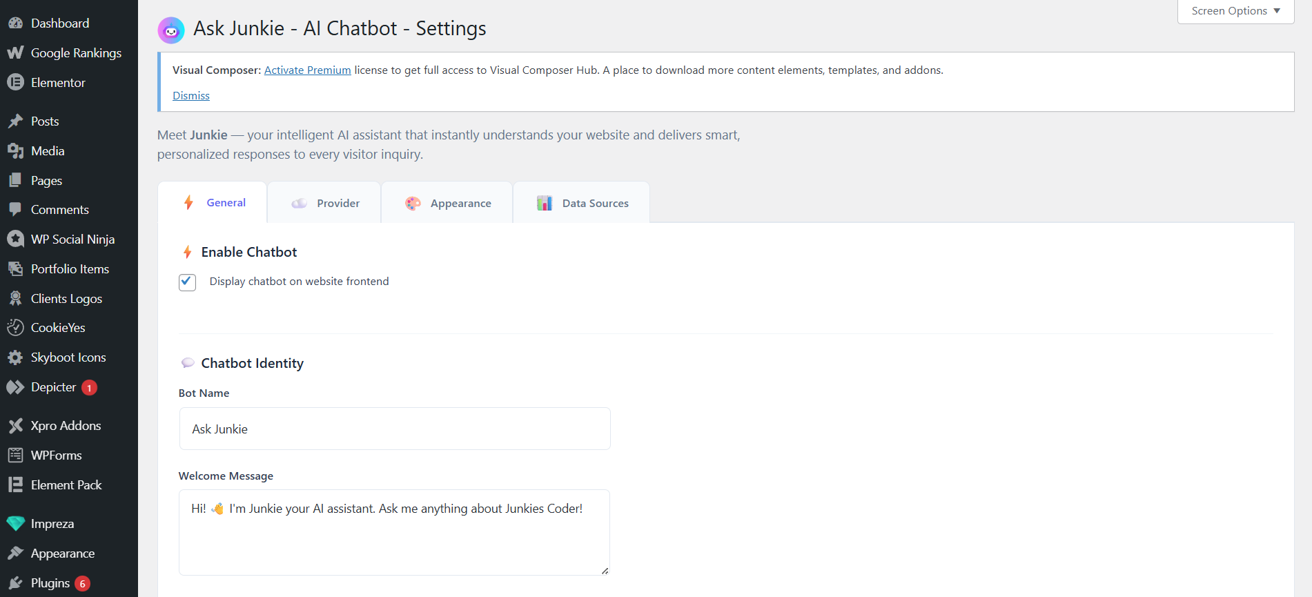 Settings page - General settings and Chatbot Identity
