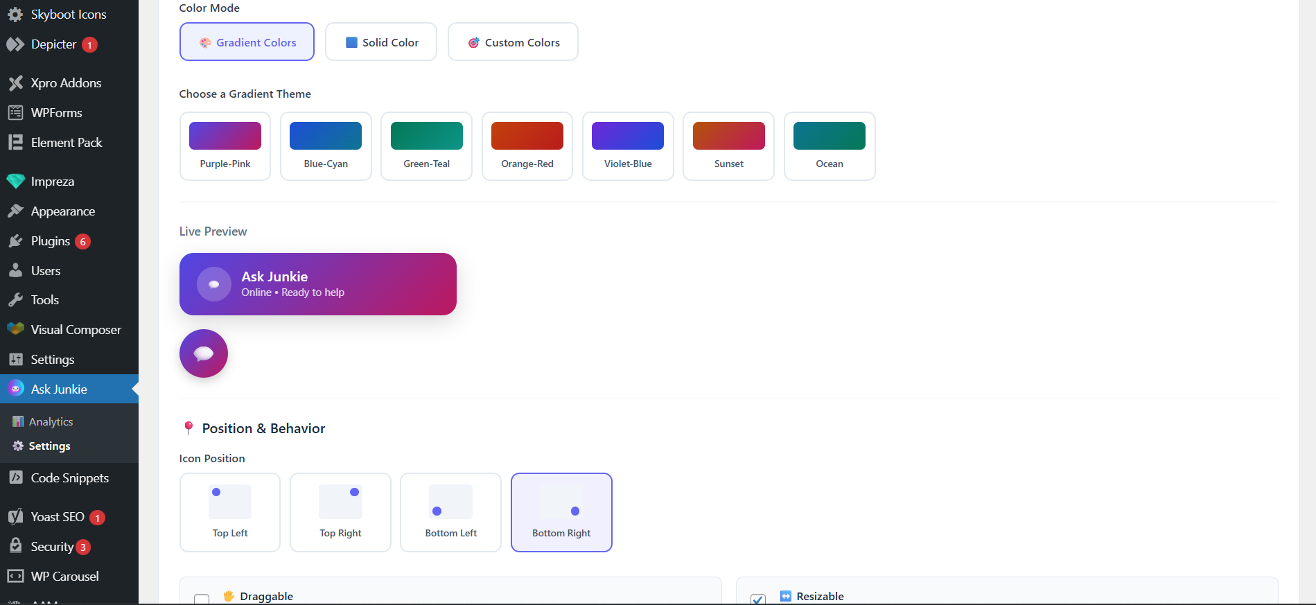 Settings page - Gradient color presets