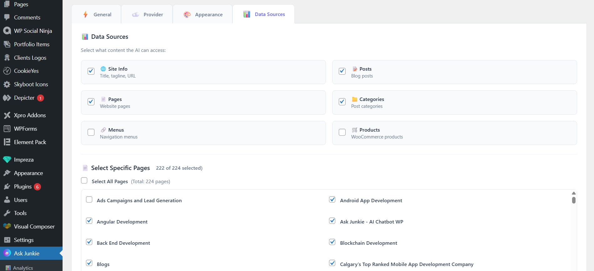 Settings page - Data Sources and Specific Page selection