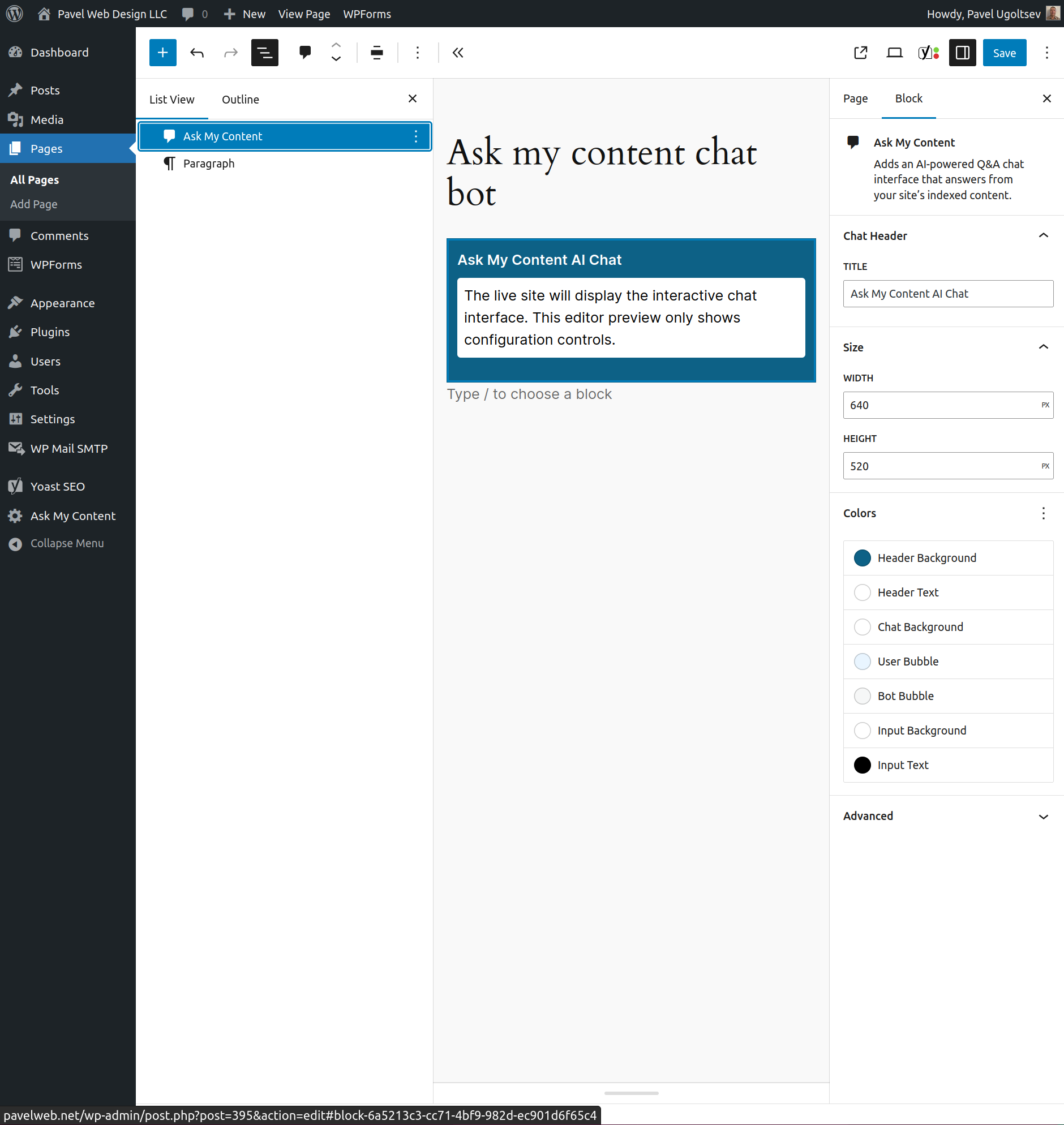 Block Editor - Ask My Content block with align, size and colors params.