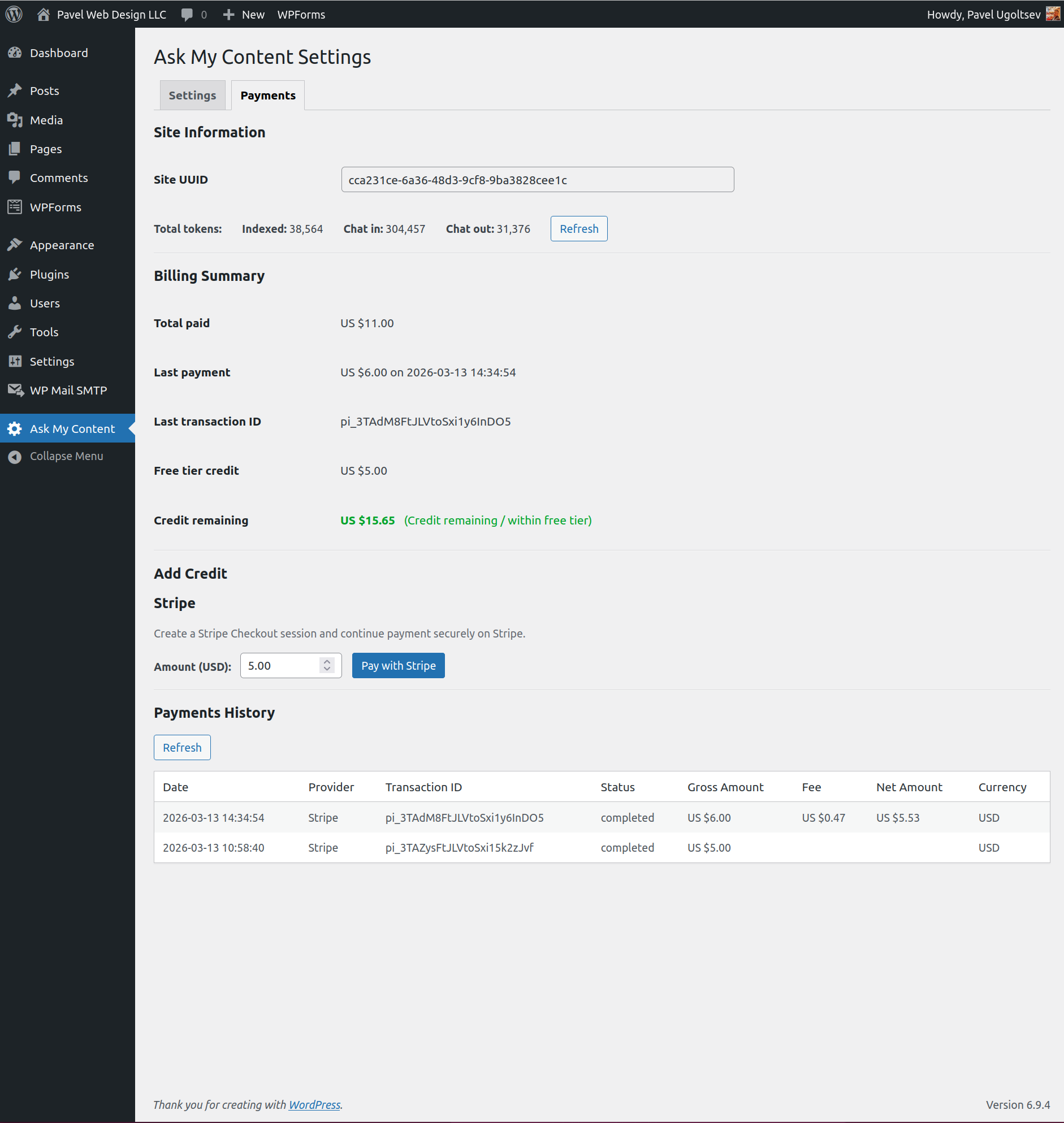 Dashboard - `Ask My Content` - `Payments` tab.