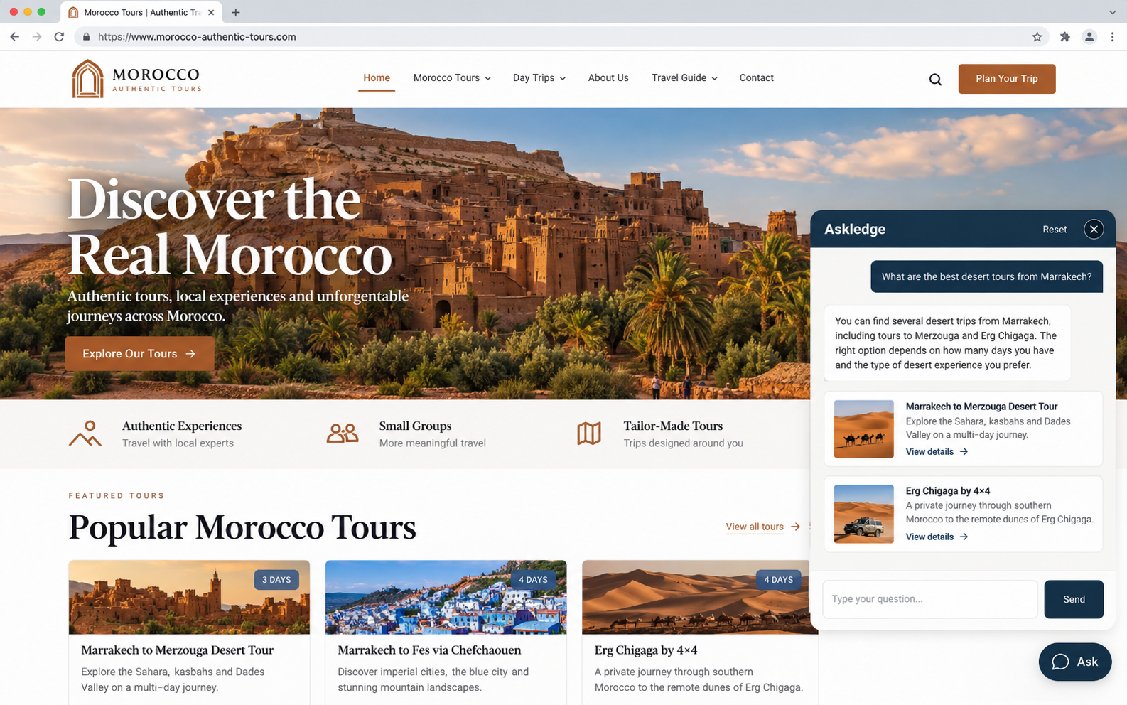 Askledge assisting visitors on a travel website with relevant site-based information.