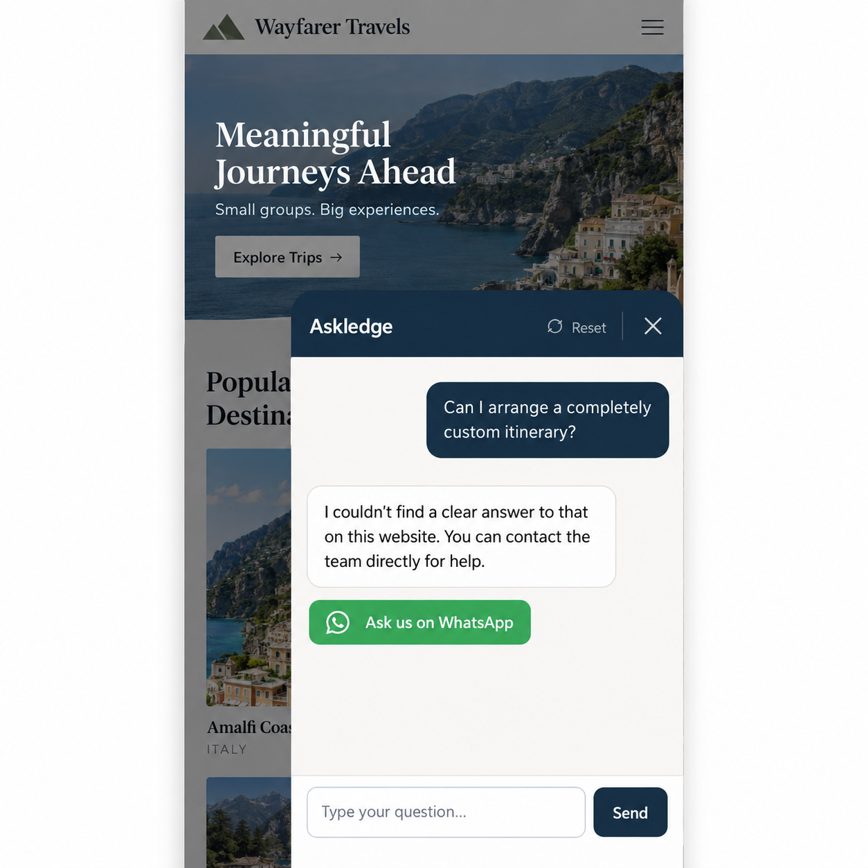 Responsive mobile experience with a human handoff option when no clear answer is available.