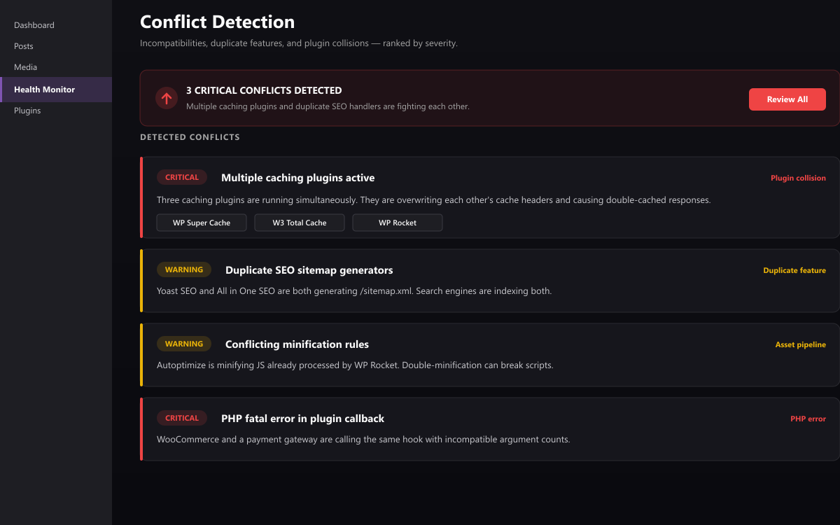 Conflict detection showing multiple caching plugins