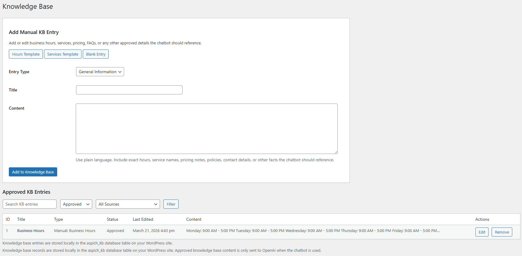 Knowledge Base management screen