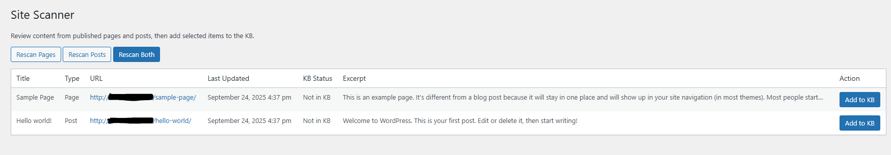 Site Scanner screen for importing approved content