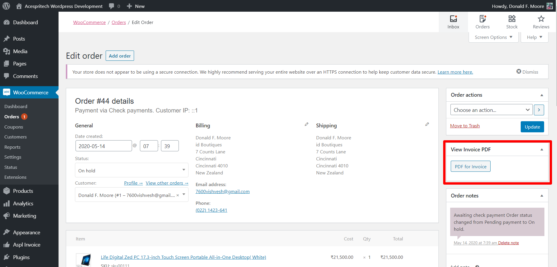 Display Metabox to show particular order invoice.
