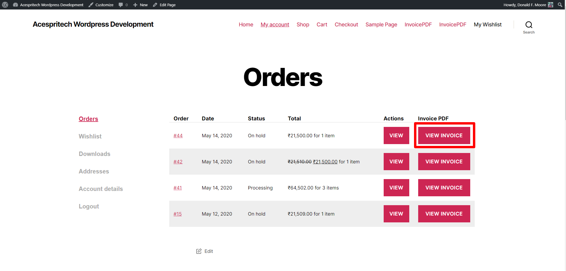 Display Invoice to user in my account area in the order list.