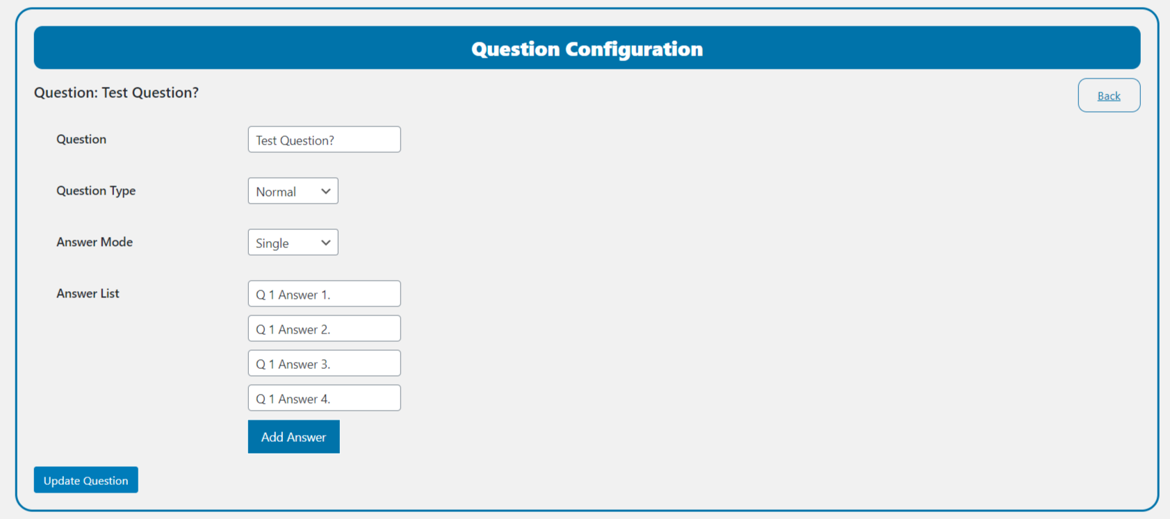 Add answer and configuration Question.