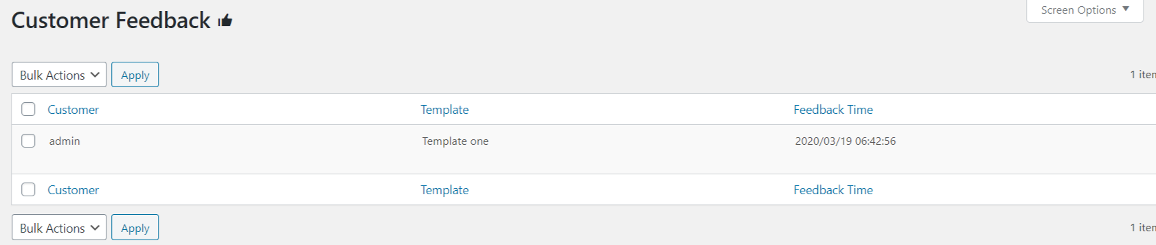 Customer Feedback List table for admin.