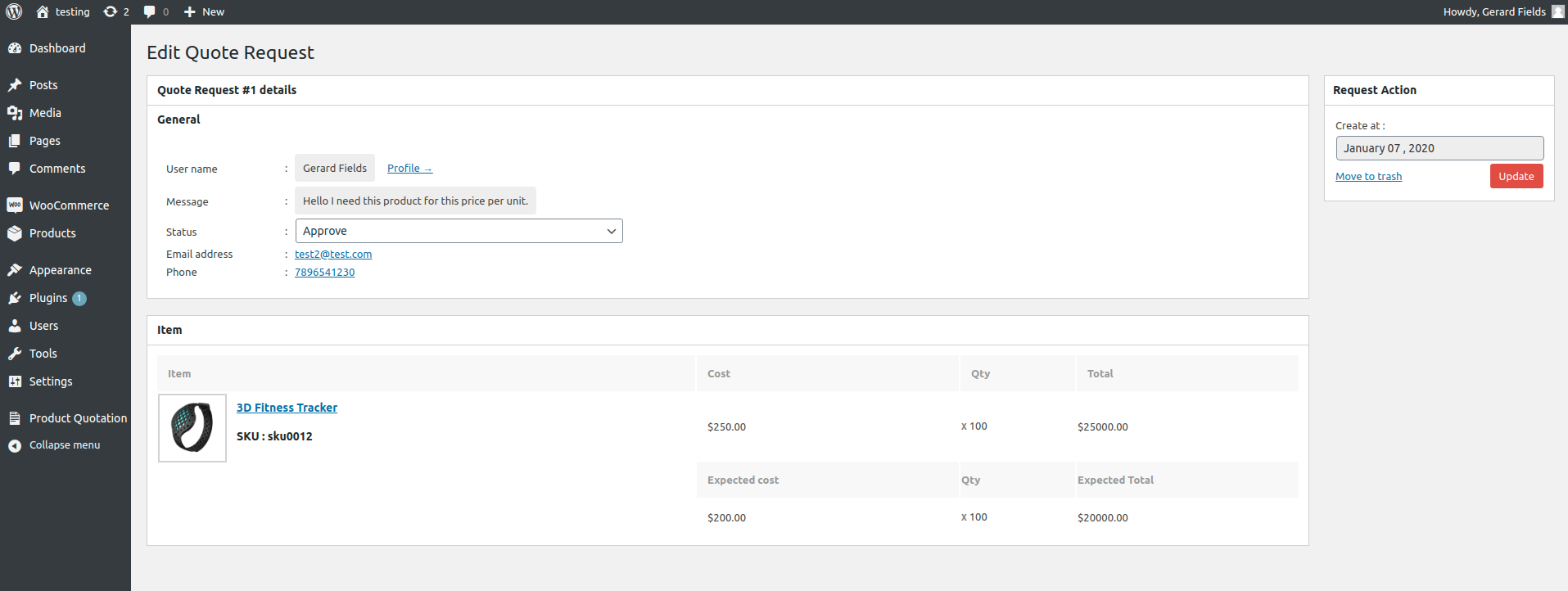 Admin can see all detail in edit page of request quote like customer profile ,customer contact number ,customer email id ,customer request message and comparison between original and expected product price.